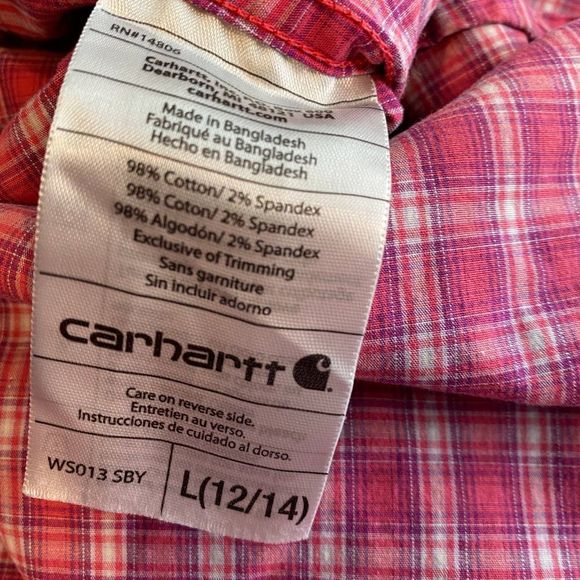 Carhartt Button Front Work Shirt Womens Large 12/14 Pink Plaid Cotton Western - Picture 7 of 7